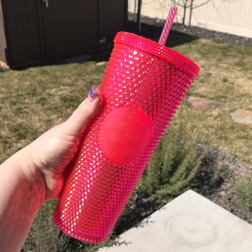 Hot pink neon pink studded Starbucks tumbler